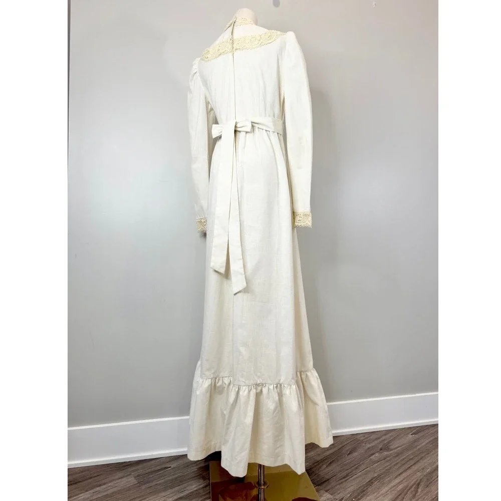 Vintage 1970s Prairie Dress White Cotton Lace Cottagecore Edwardian Victorian M